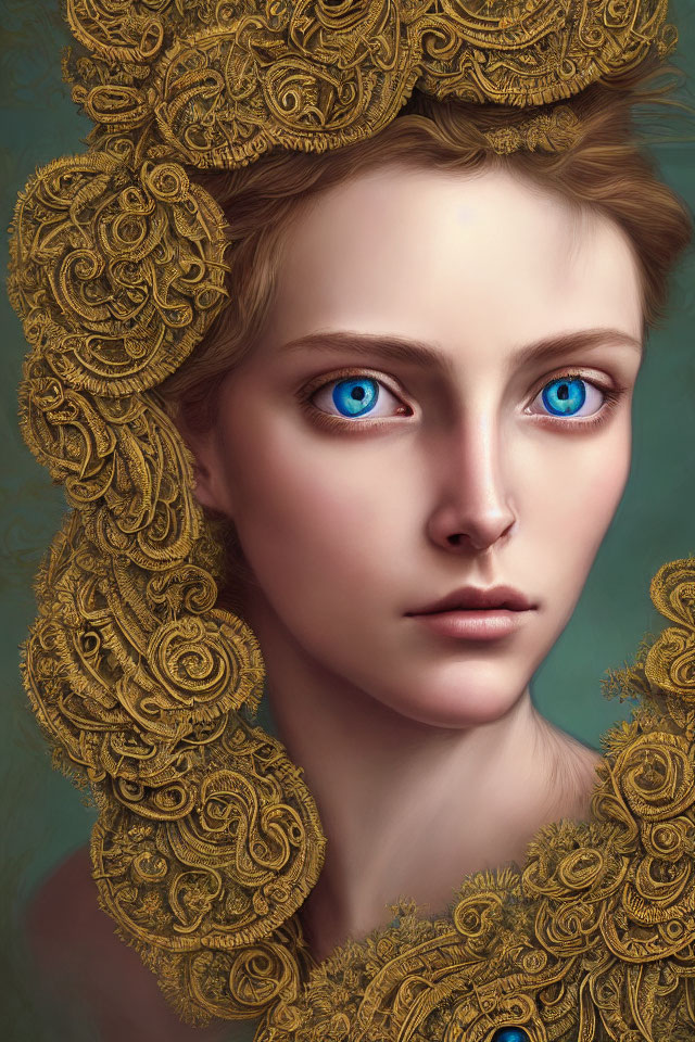 Detailed Digital Portrait of Woman with Striking Blue Eyes and Golden Headdress on Teal Background