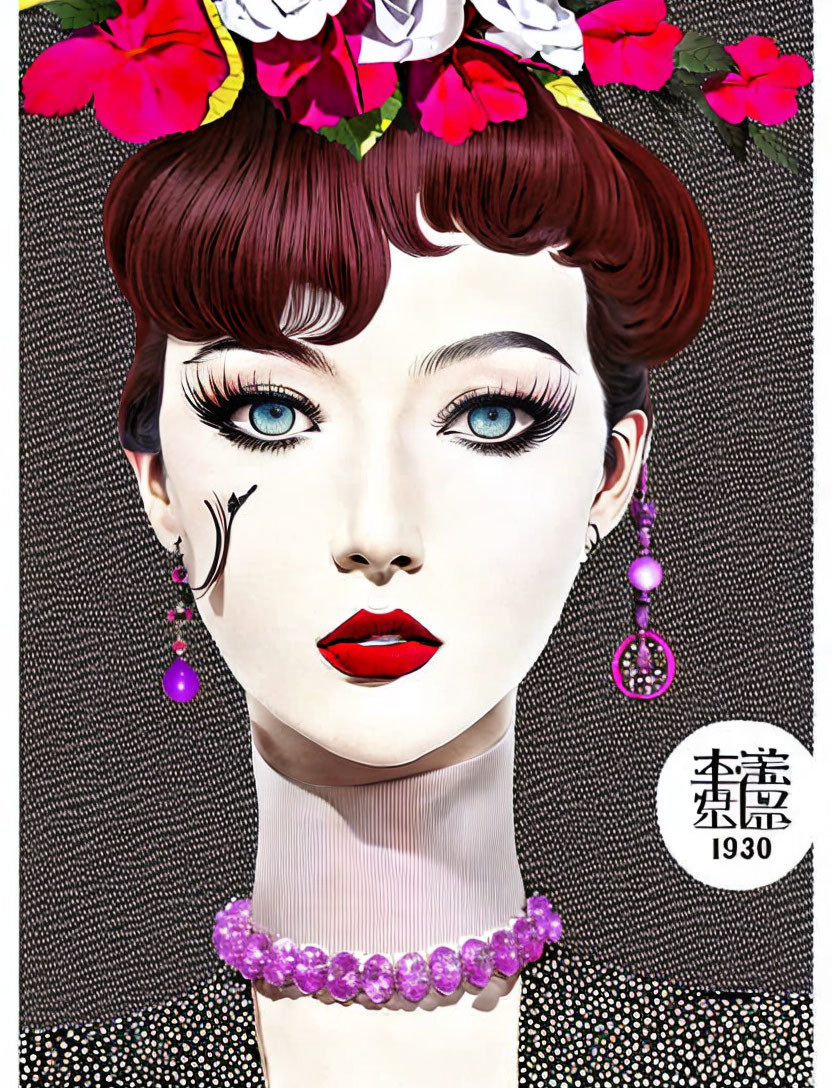 Vintage Woman Illustration with Flower-Adorned Hair and Dramatic Makeup