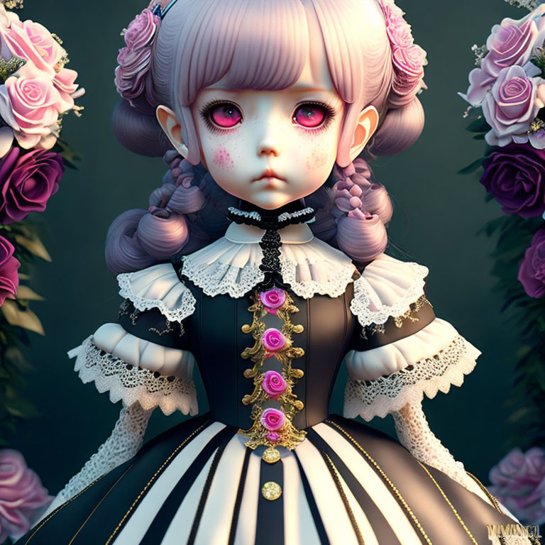 Victorian-style doll 3D illustration with red eyes and rose dress in rose backdrop