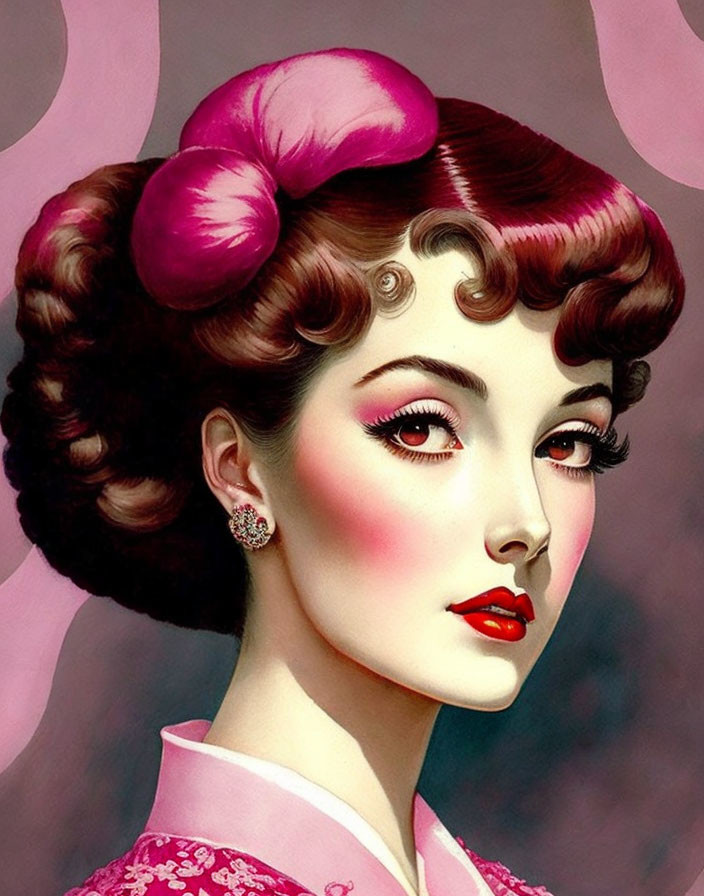 Vintage Style Woman Illustration in Pink Outfit & Red Lipstick