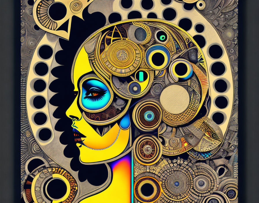 Stylized female profile with gear-like patterns in vibrant yellow to black