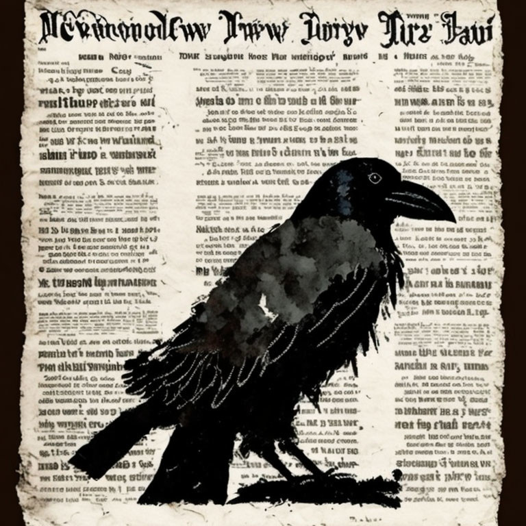 Silhouetted raven on aged newspaper with ink blots