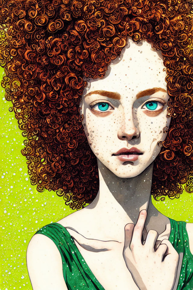 Person with Curly Red Hair, Blue Eyes, Freckles in Green Garment on Yellow Background