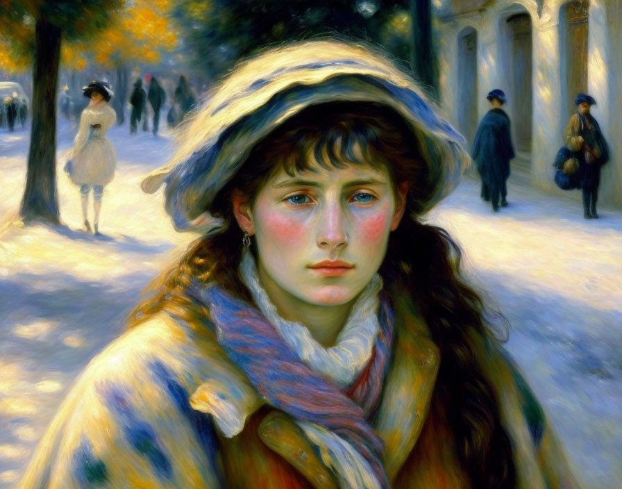 Young woman in blue hat with rosy cheeks, golden background and strolling figures