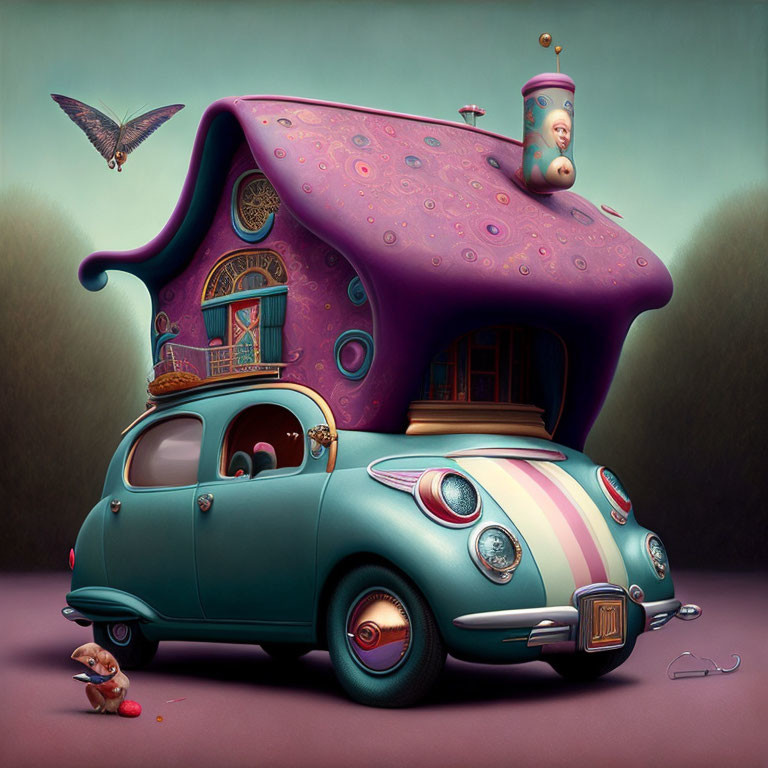 Whimsical vintage teal car with mushroom house, gnome, bat, and cheerful figure