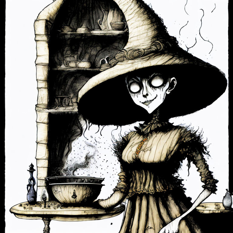 Skeleton Witch Stirring Cauldron with Potion Bottles and Candle