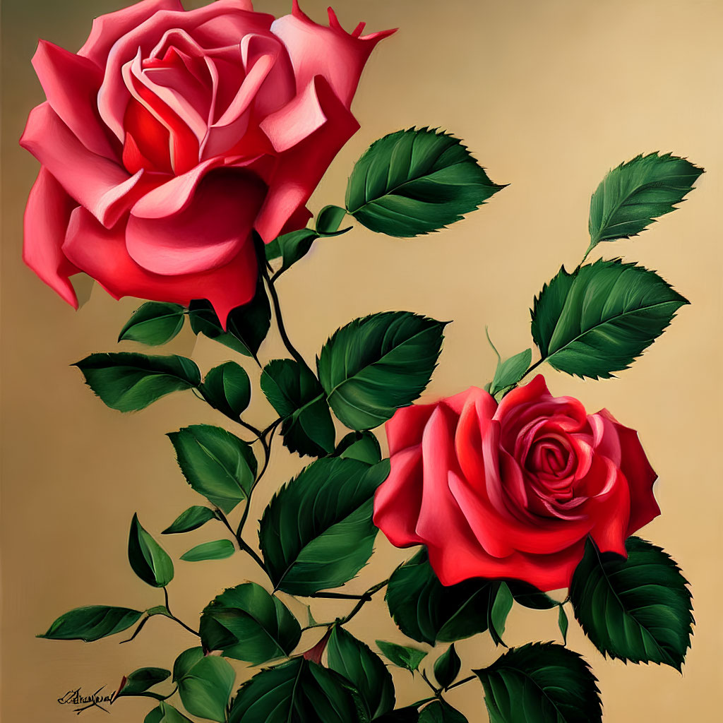 Realistic Painting of Vibrant Red Roses on Beige Background