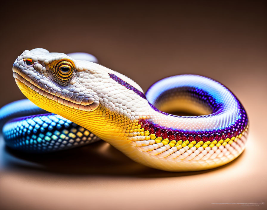 Detailed Digital Artwork: Colorful Coiled Snake with Yellow, White, Purple, and Blue S