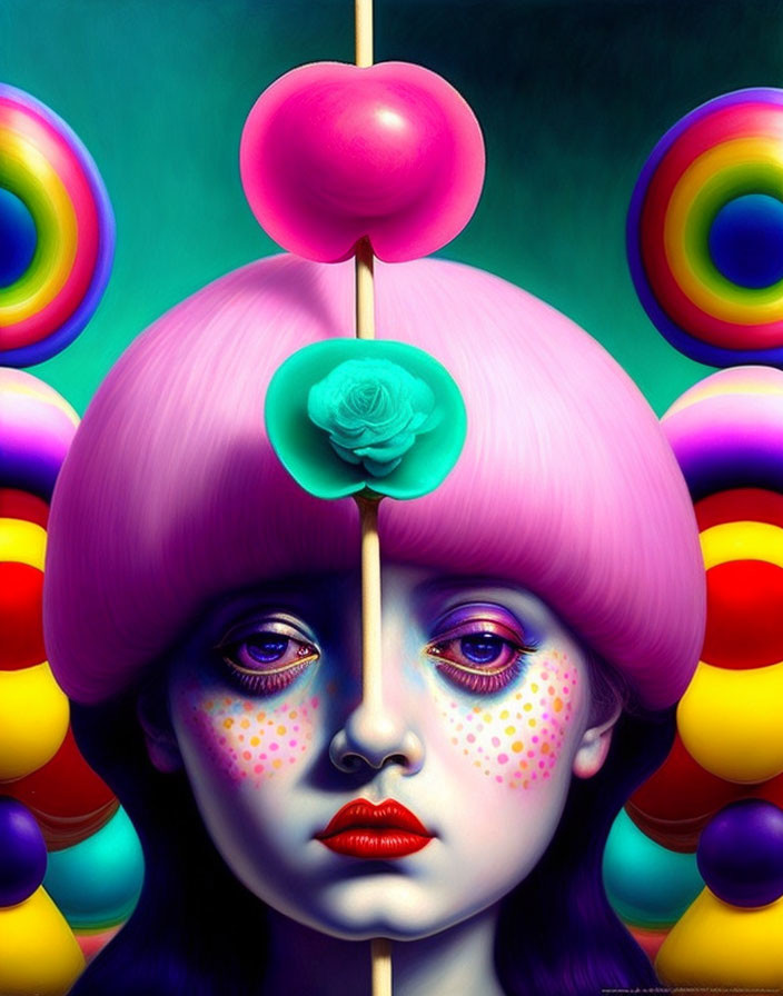 Colorful symmetrical makeup on person with pink bob hairstyle and vibrant swirl backdrop.