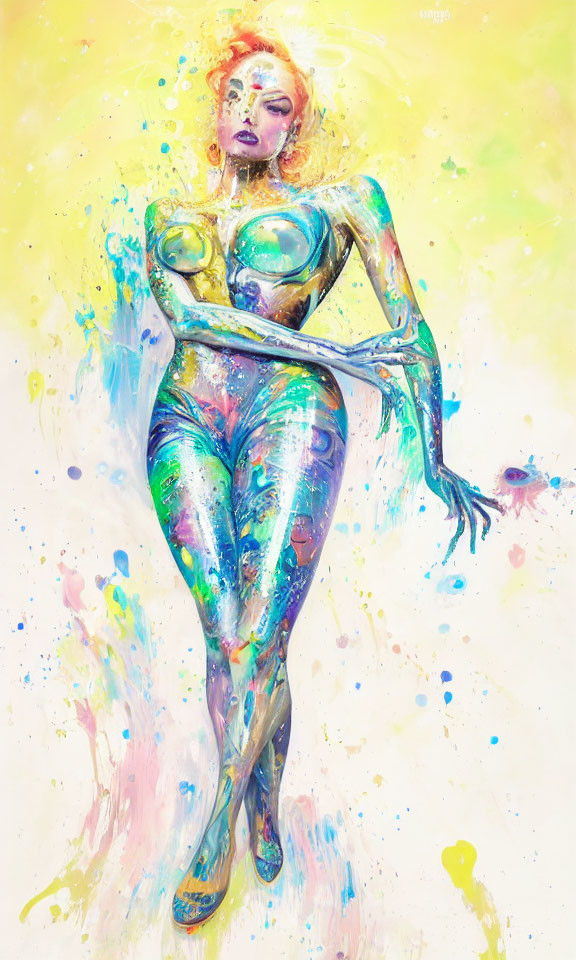 Vibrant swirling paint woman on bright yellow background