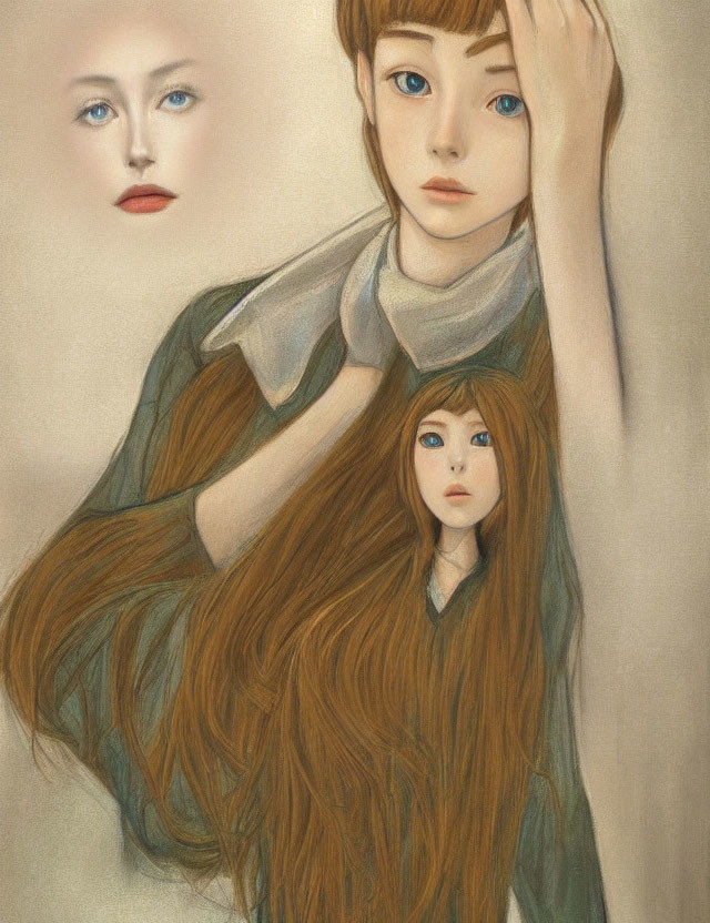 Stylized digital illustration of two female figures with flowing hair