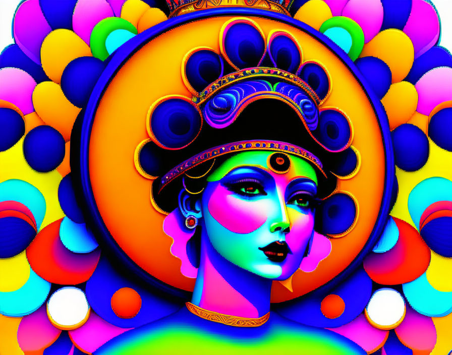 Colorful psychedelic digital art of person with intricate peacock-themed headgear.