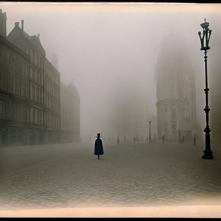 Solitary figure in foggy vintage city street with street lamps and old buildings.