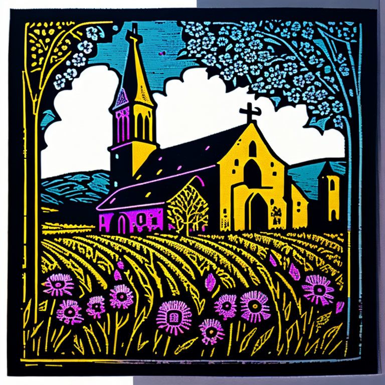 Vibrant linocut print of church, trees, and flowers on dark background