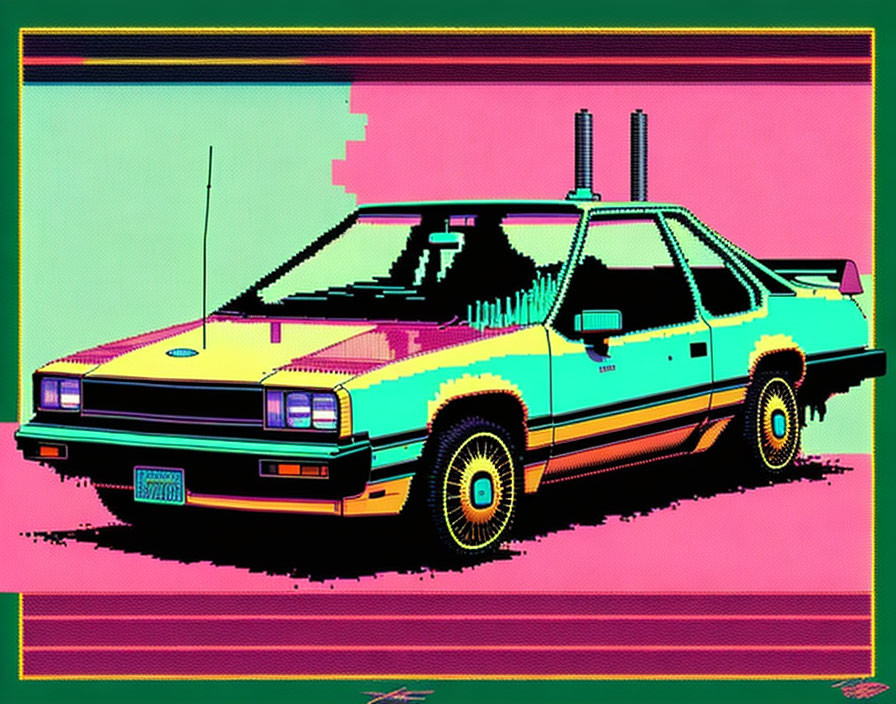 Retro-styled blue and yellow 80s car on pixelated pink and green background