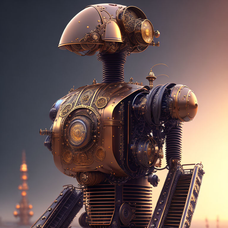 Detailed Steampunk-Style Robot Amidst Glowing Backdrop