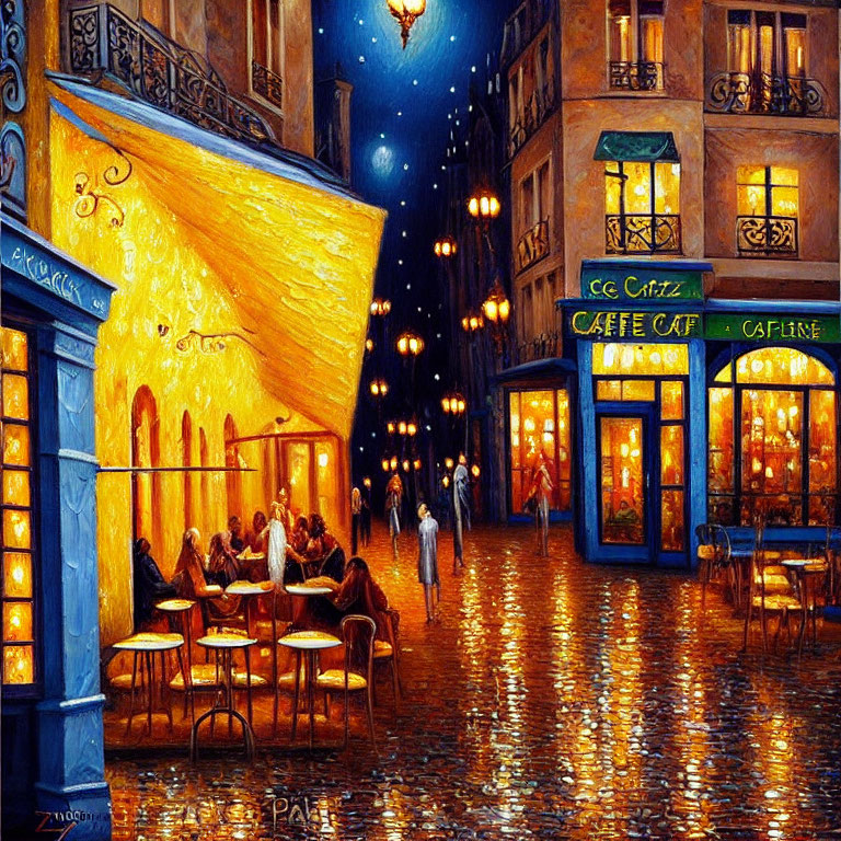 Vibrant evening street scene with outdoor dining and starry sky