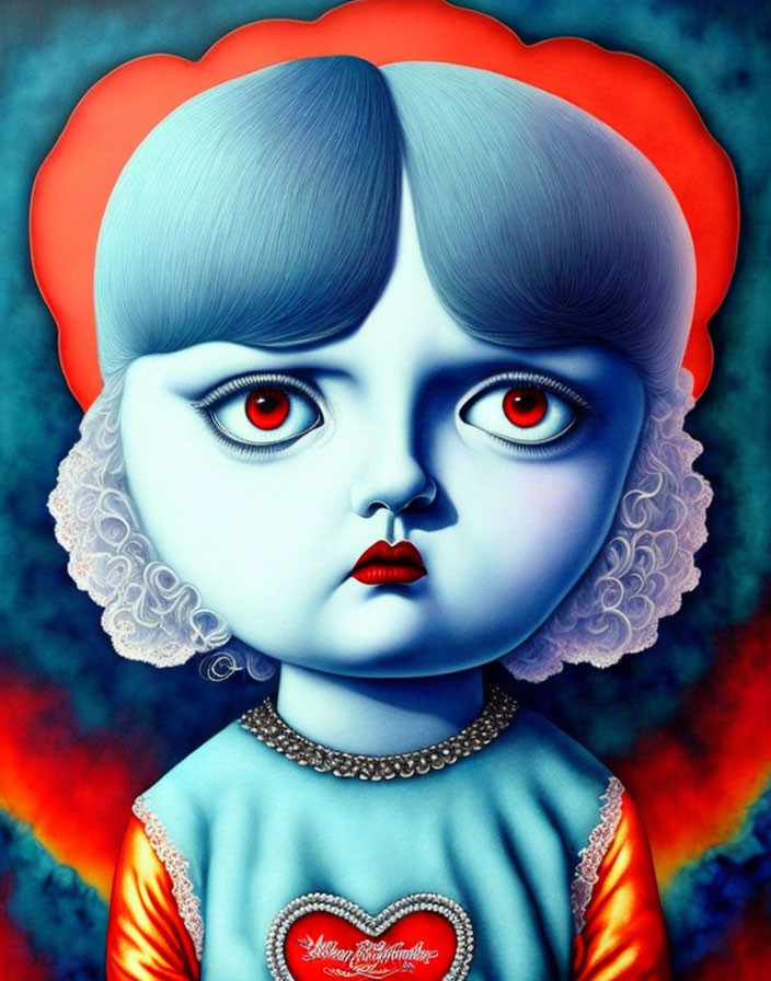 Doll-like figure with blue hair, red eyes, red dress, heart necklace