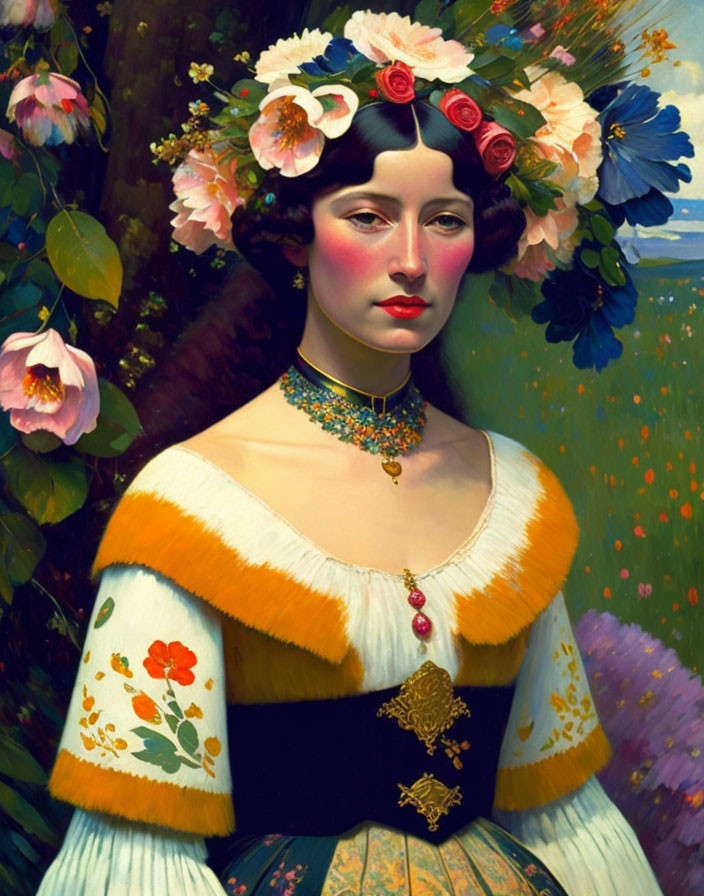 Portrait of woman in floral wreath & traditional dress with gold medallion