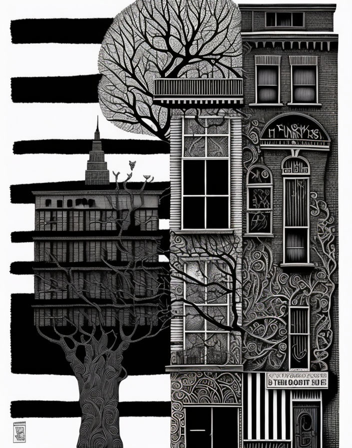 Detailed Monochrome Whimsical Streetscape Illustration