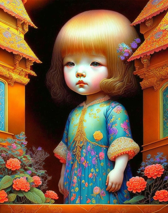 Surreal illustration: Child with expressive eyes, golden hair, blue dress, floral details, set