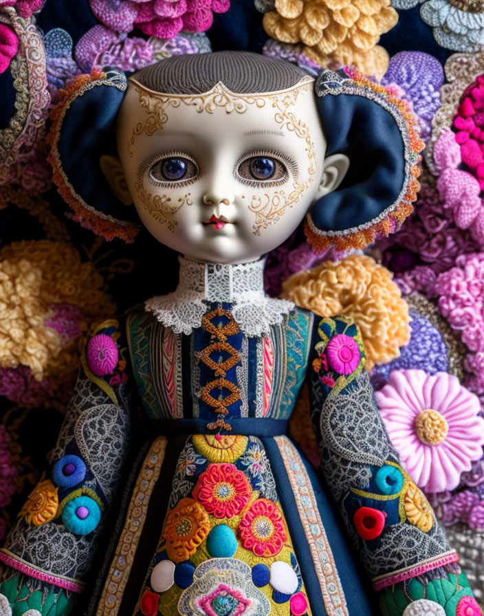 Porcelain doll with facial tattoos in traditional outfit amidst vibrant floral backdrop