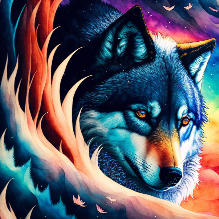 Colorful Wolf Illustration with Flames, Blue Fur, and Cosmic Background