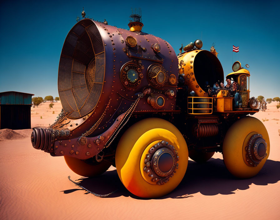 Steampunk-style vehicle with large yellow wheels in desert landscape