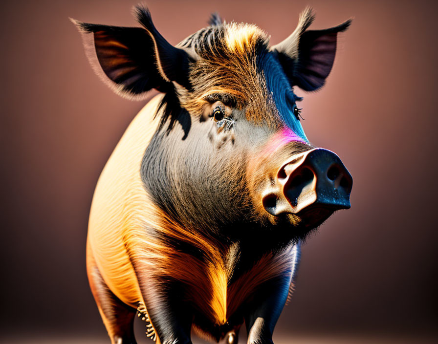 Brown pig with prominent snout and alert ears on blurred background