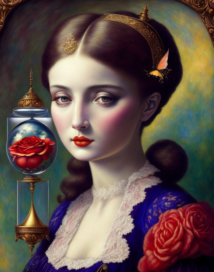 Surreal digital painting of woman with butterfly and rose in glass vessel