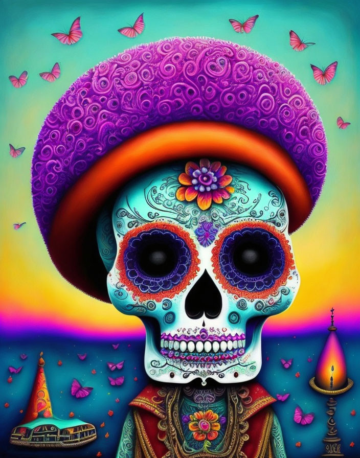 Colorful Skull Illustration with Butterflies and Sunset Background