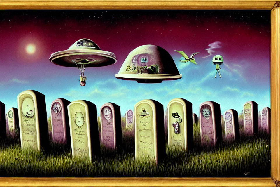 Surreal graveyard painting with alien spacecraft and extraterrestrials among tombstones and ghost drawings