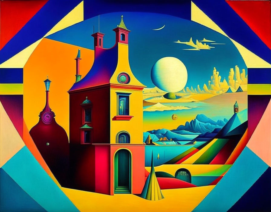 Colorful Surrealist Painting with Architectural and Fantastical Elements