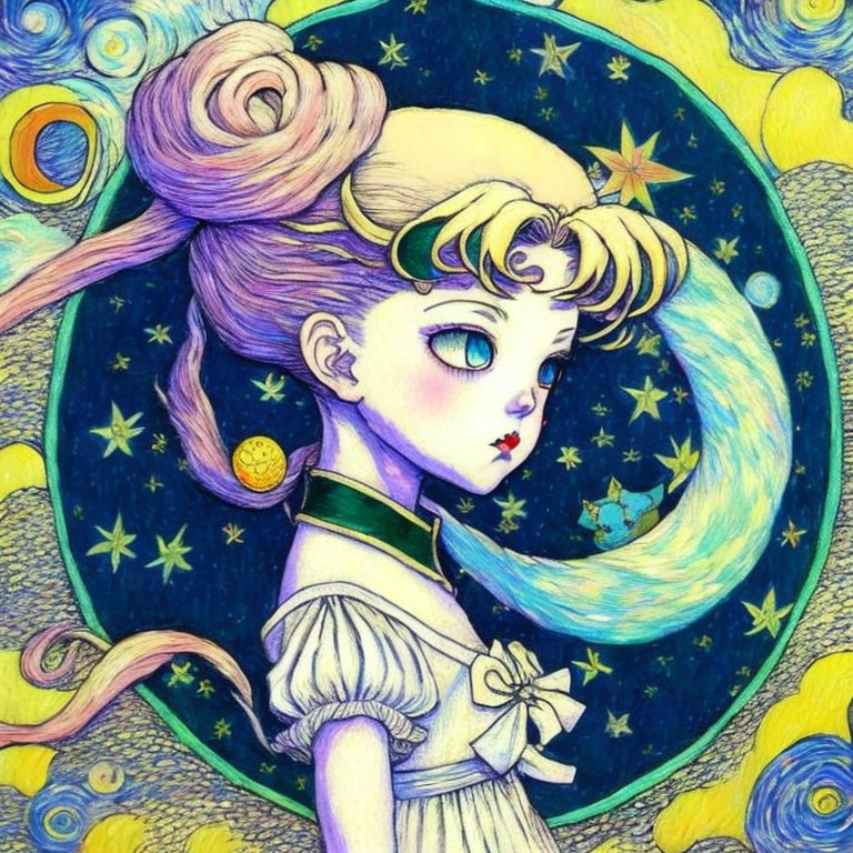 Stylized female illustration with expressive eyes and celestial background