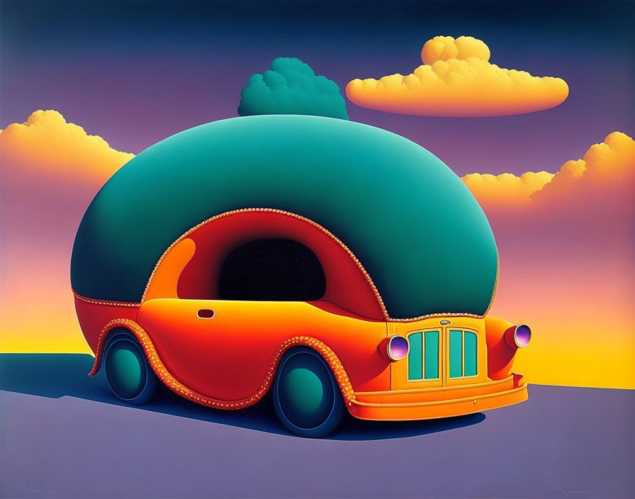 Colorful Stylized Vehicle with Green Dome Top in Surreal Sunset Sky