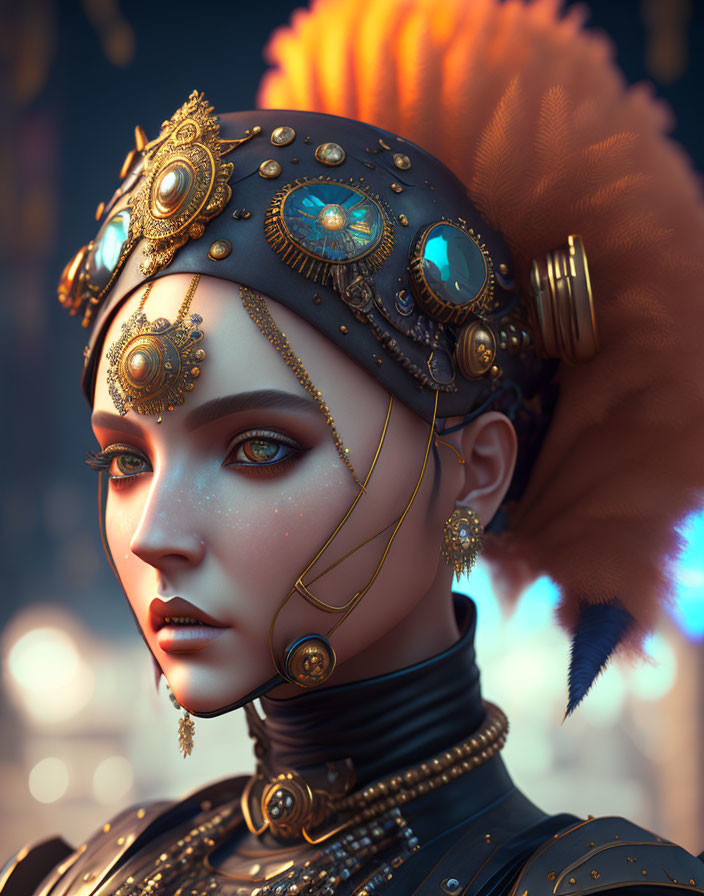 Detailed CG portrait of woman in ornate golden headgear with blue gemstones, feather plume,