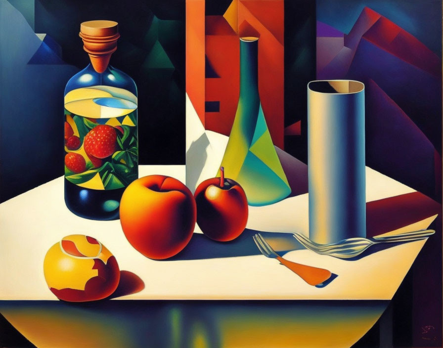 Traditional still life painting with jar, fruit, bottle, shapes, and fork.