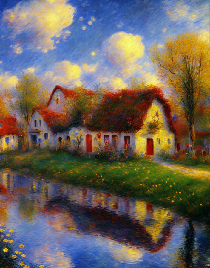 Impressionist-style painting of quaint houses by river under dreamy blue sky