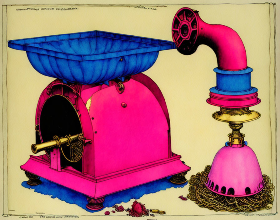 Colorful Vintage Phonograph Illustration with Blue Horn and Pink Body