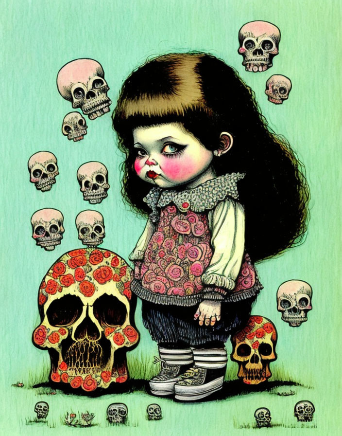 Whimsical gothic girl illustration with large eyes and skulls