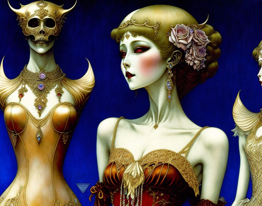 Stylized women with gold accents and skull head on blue background