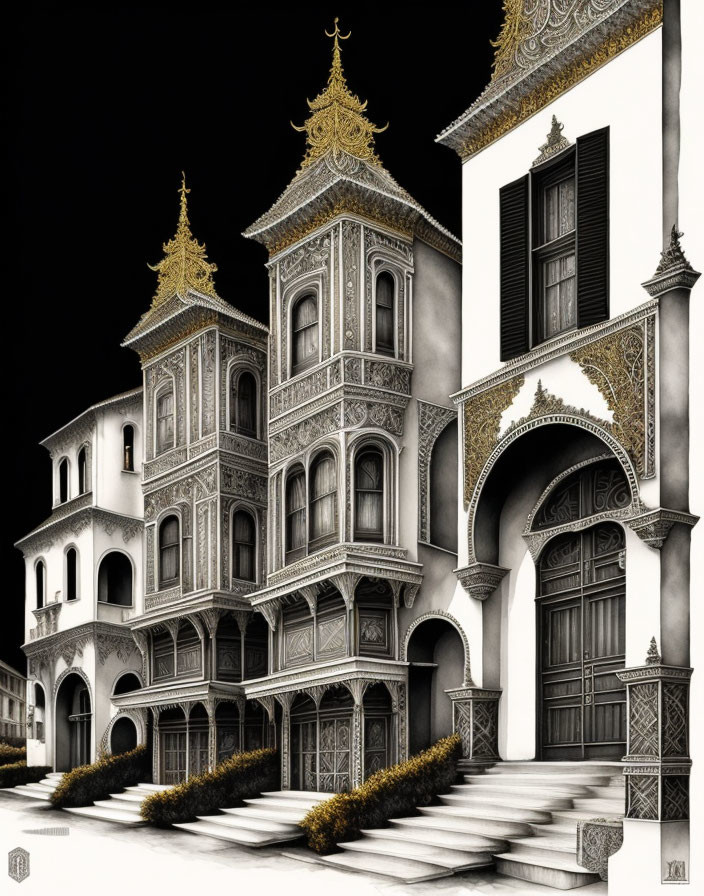 Detailed black and white illustration of ornate building architecture