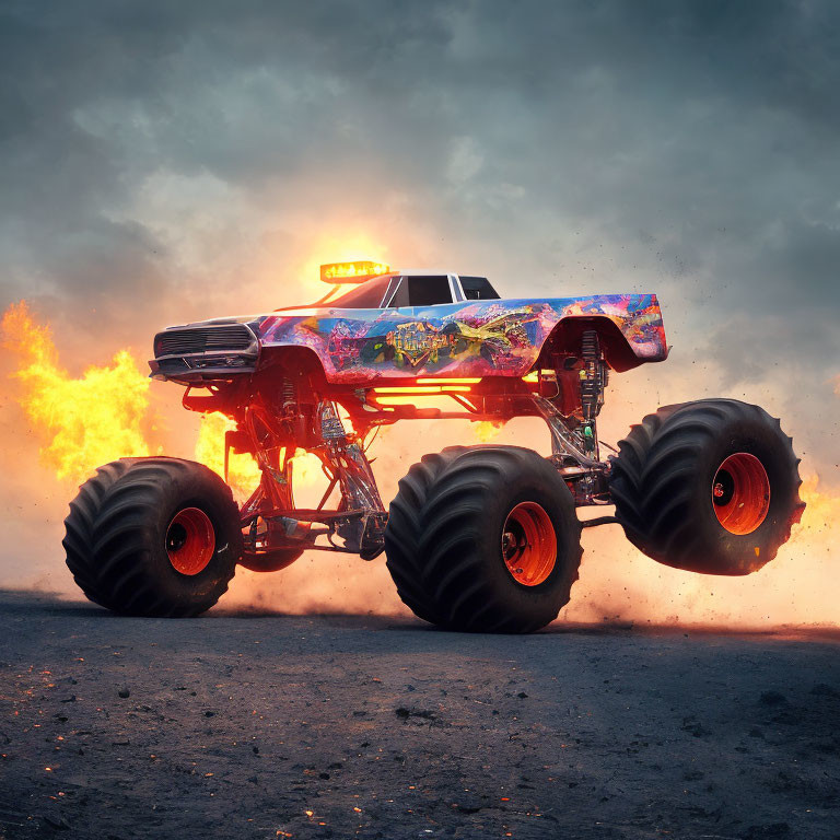 Colorful Monster Truck Stunt Amid Flames and Smoke