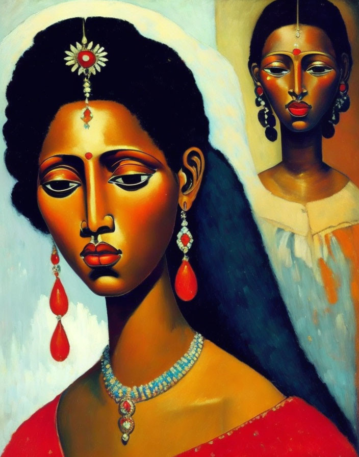 Stylized painting of two women in traditional attire