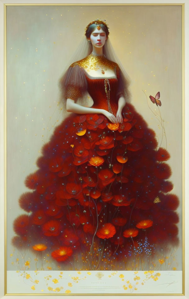 Mystical woman surrounded by red flowers and butterflies