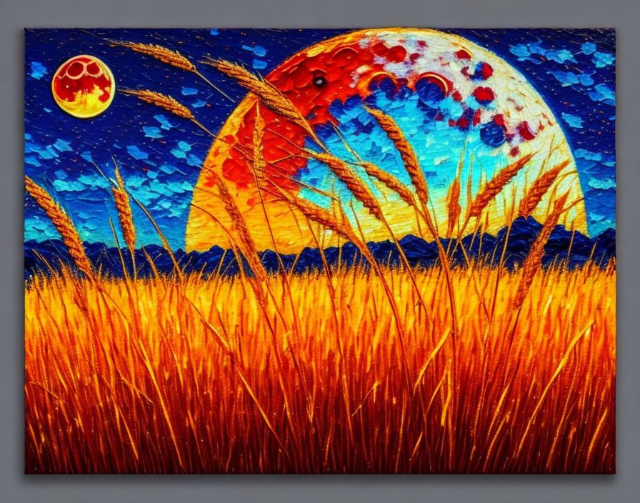 Colorful painting of golden wheat field under blue sky with oversized moons, one with craters