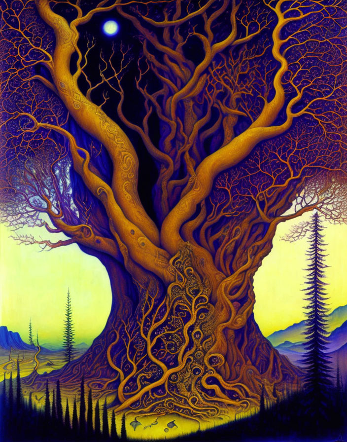 Majestic tree painting with twisted branches in mystical landscape