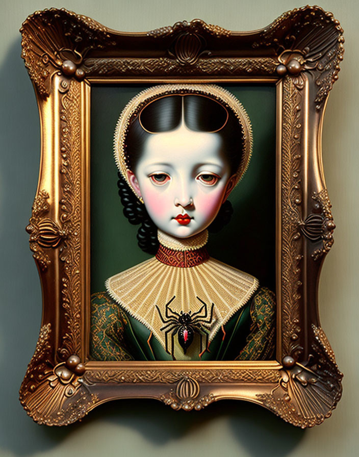 Pale woman in vintage green dress with red cheeks, framed by ornate brown-gold frame and spider