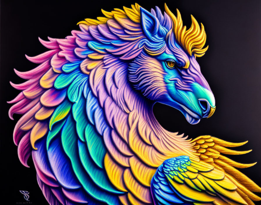 Colorful mythical horse with feathered fur in blues, purples, and yellows