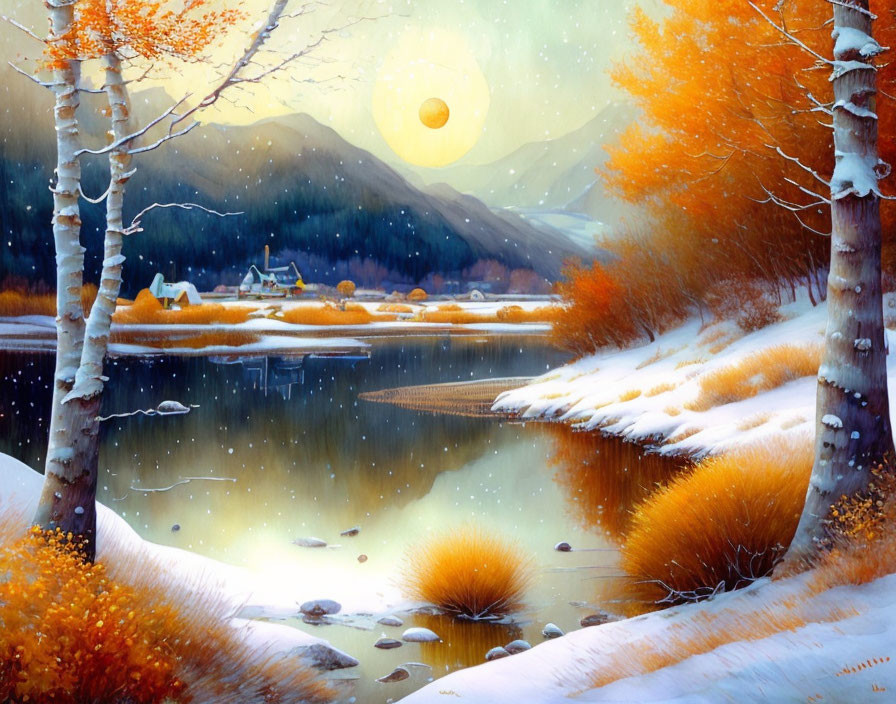 Tranquil Autumn Scene: Golden Trees, Calm Lake, Snowfall